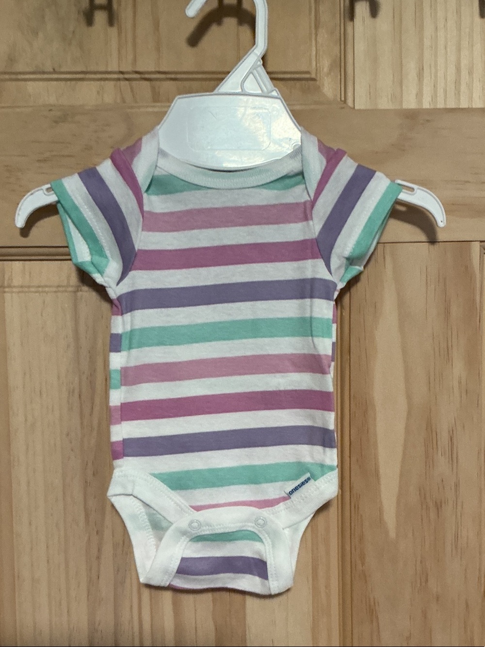 Short-Sleeve Striped Baby One-Piece Bodysuit in White, Purple, Mint